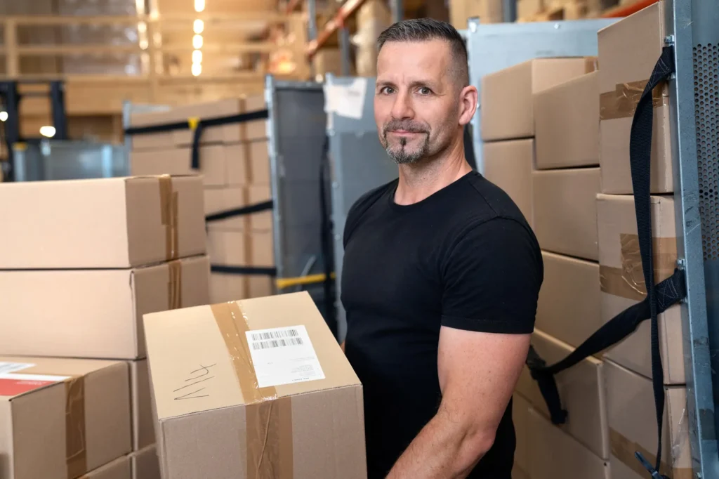 Ein Lagermitarbeiter der Firma Allcon Allergieprodukte im Lager mit einem versandfertigen Paket fotografiert von Benno Cray Businessfotograf